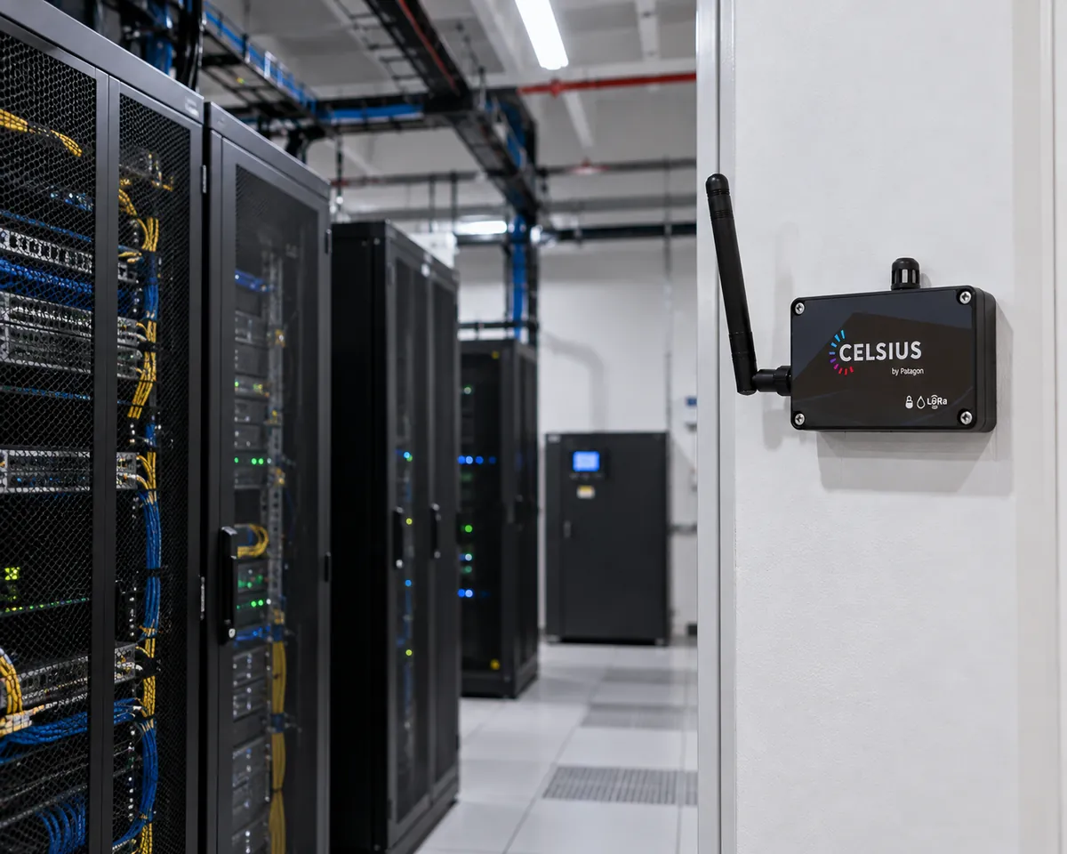 Sala de servidores con sensor de temperatura y humedad CELSIUS