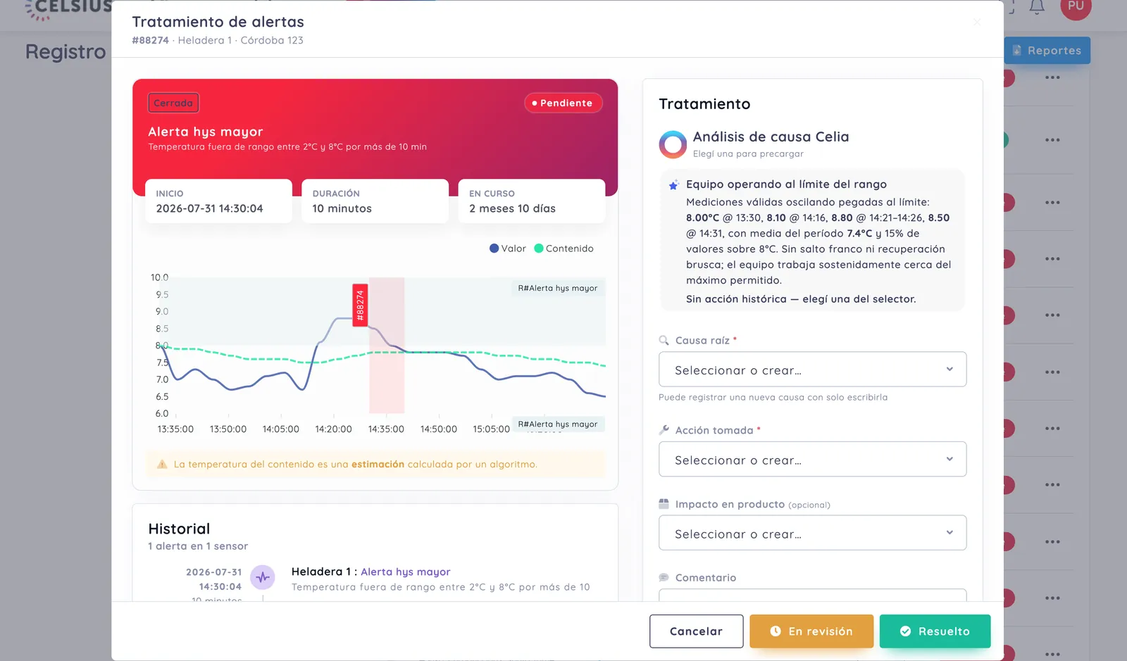 Pantalla de tratamiento de alertas de CELSIUS con el análisis de causa propuesto por Celia